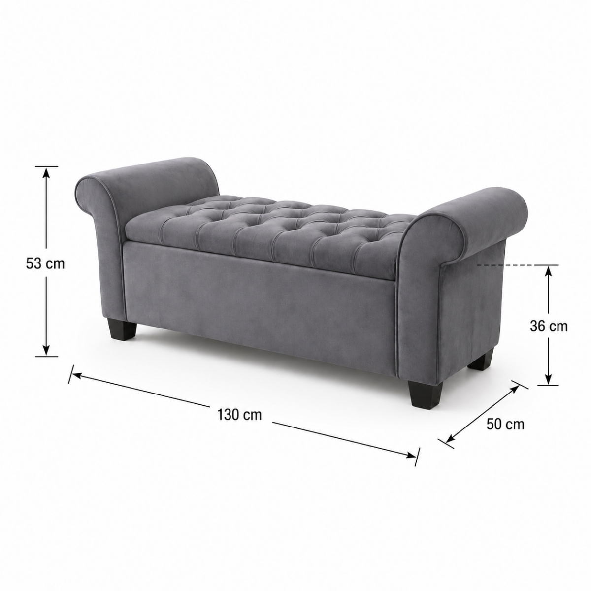 Gray tufted bench with dimensions indicated on a white background