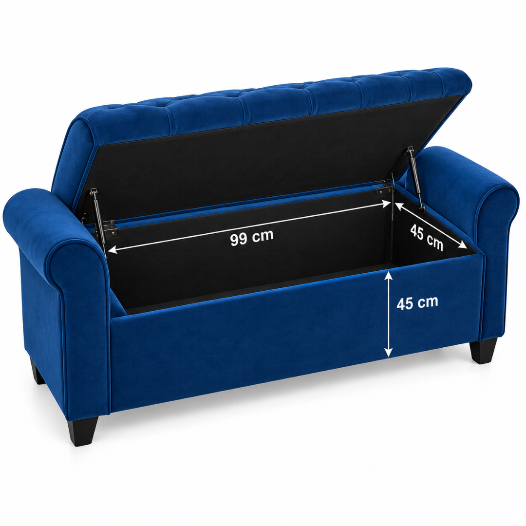Wooden Twist Zamansiz blue storage bench – open lid showing 99 x 45 x 45 cm storage compartment