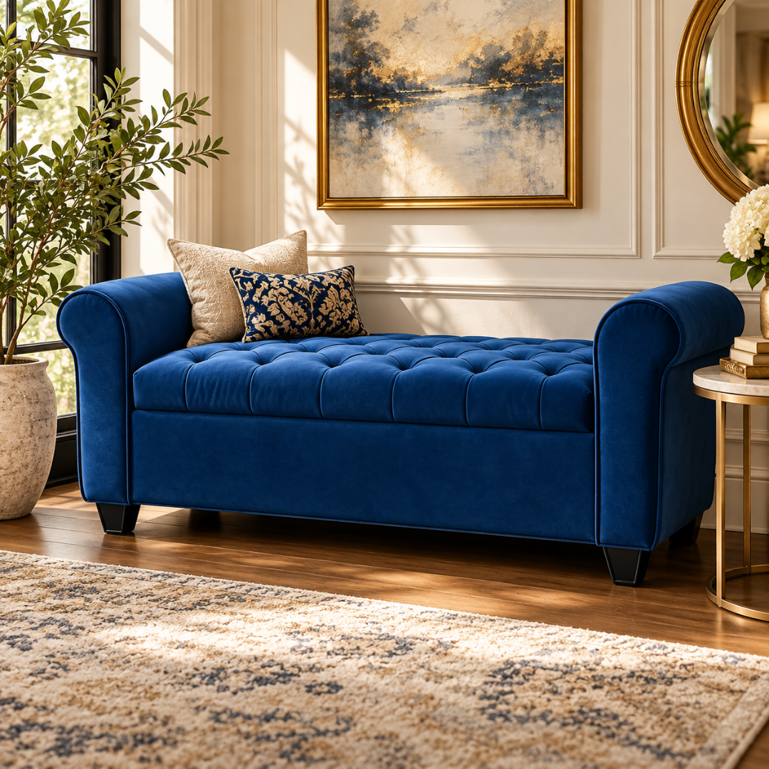 Wooden Twist Zamansiz blue rolled arm velvet storage bench with cushion – lifestyle view in living room