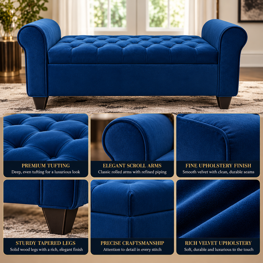 Wooden Twist Zamansiz blue storage bench – features: premium tufting, scroll arms, fine upholstery, tapered legs, rich velvet