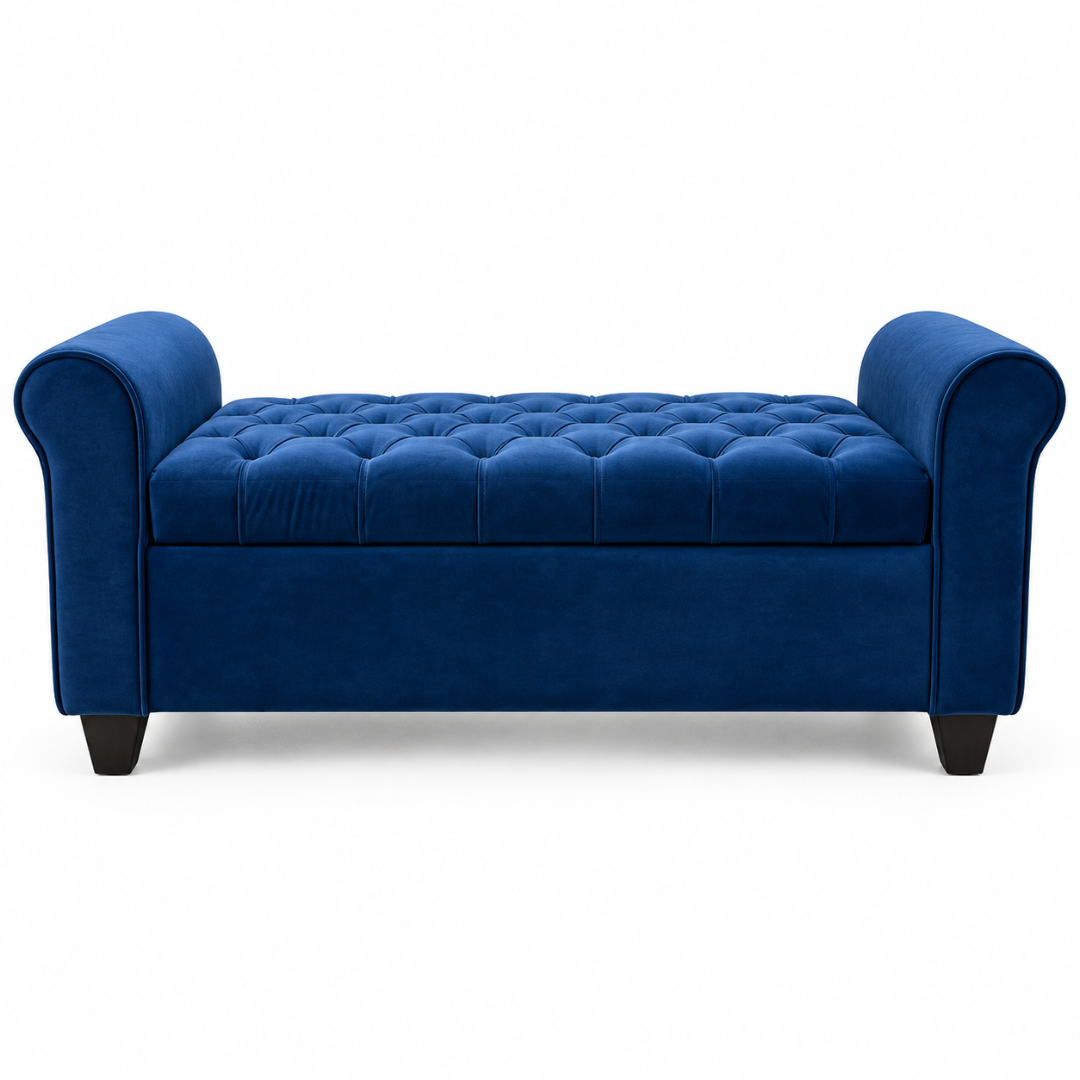 Wooden Twist Zamansiz blue button tufted velvet storage bench – front view on white background