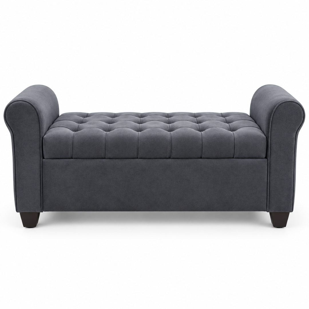 Wooden Twist Zamansiz dark grey button tufted storage bench – front view on white background