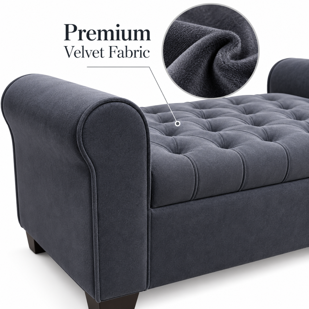 Wooden Twist Zamansiz dark grey storage bench – premium velvet fabric and button tufting close-up