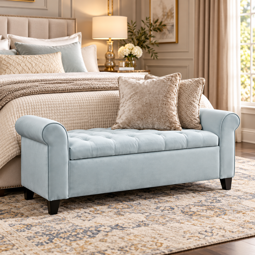 Wooden Twist Zamansiz light sky blue velvet 2 seater storage bench – lifestyle view at the foot of a bed