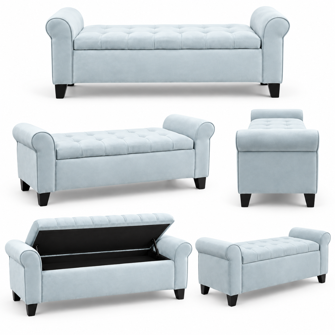 Wooden Twist Zamansiz light sky velvet storage bench – front, angle, side and open-lid views on white background
