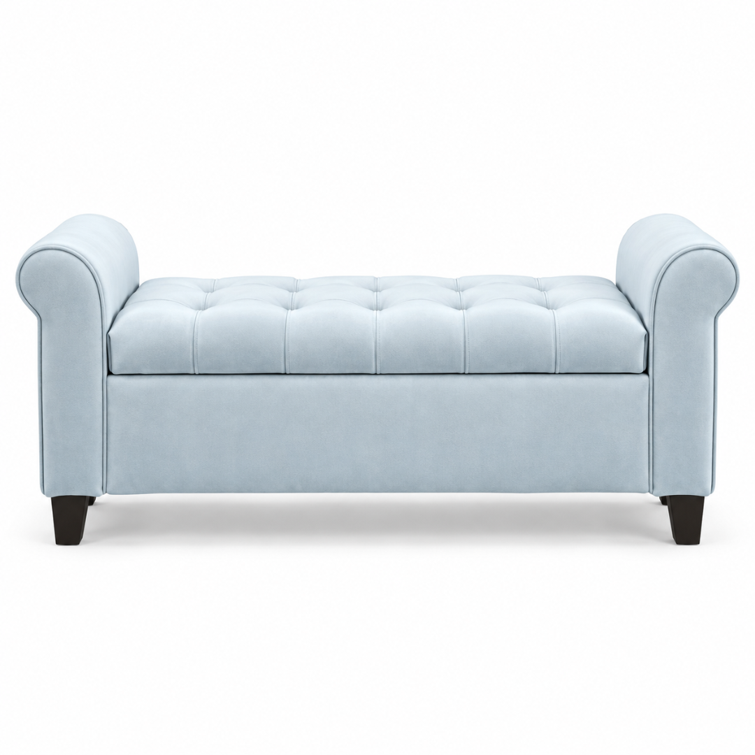 Wooden Twist Zamansiz light sky velvet storage bench with rolled arms – front view on white background
