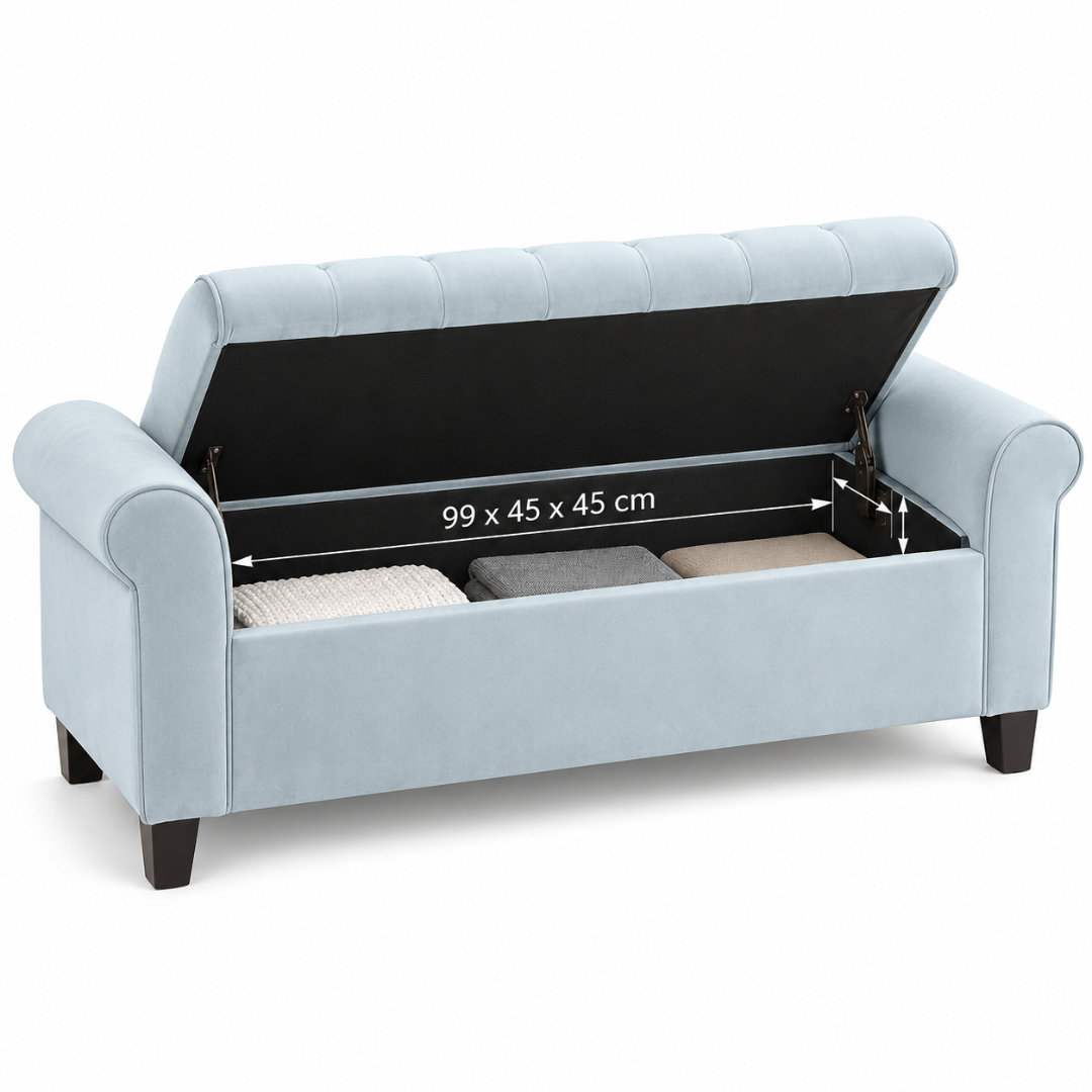 Wooden Twist Zamansiz light sky storage bench – open lid showing 99 x 45 x 45 cm storage compartment