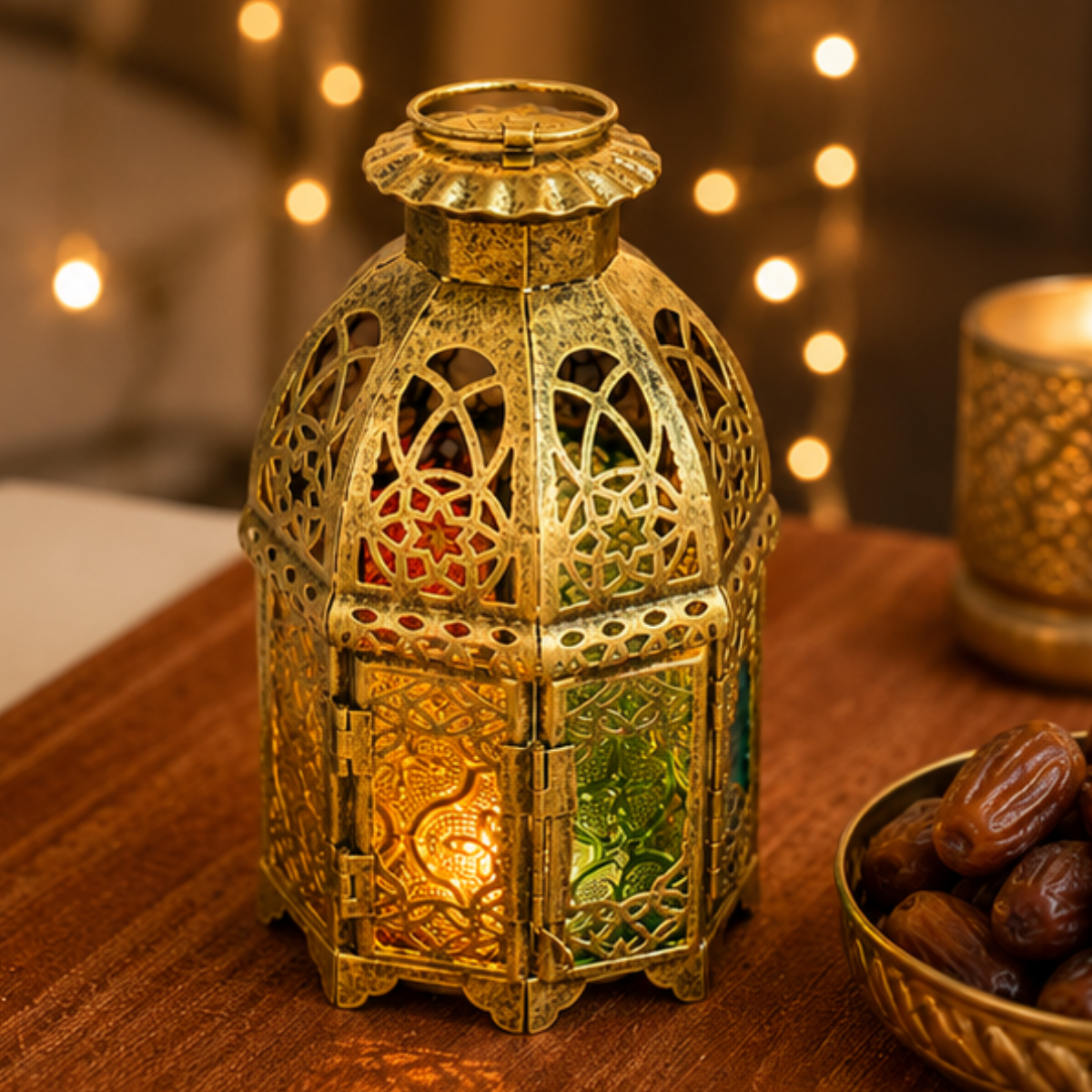 Wooden Twist Zariya Antique Brass Moroccan Lantern 20cm with Multicolor Glass Panels - lit lifestyle view with fairy lights