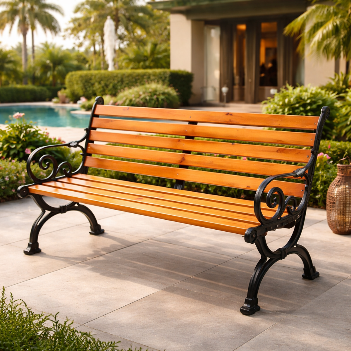Outdoor wooden garden bench with black cast iron frame and orange finish – 150 cm seating bench