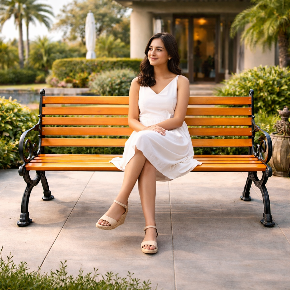 Luxury outdoor park bench with wooden slats and decorative metal armrests for garden and patio