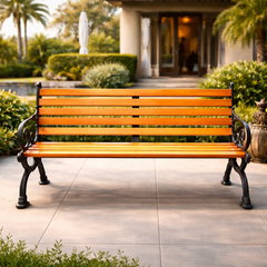 Modern outdoor seating bench with sturdy iron legs and polished wooden finish for backyard use