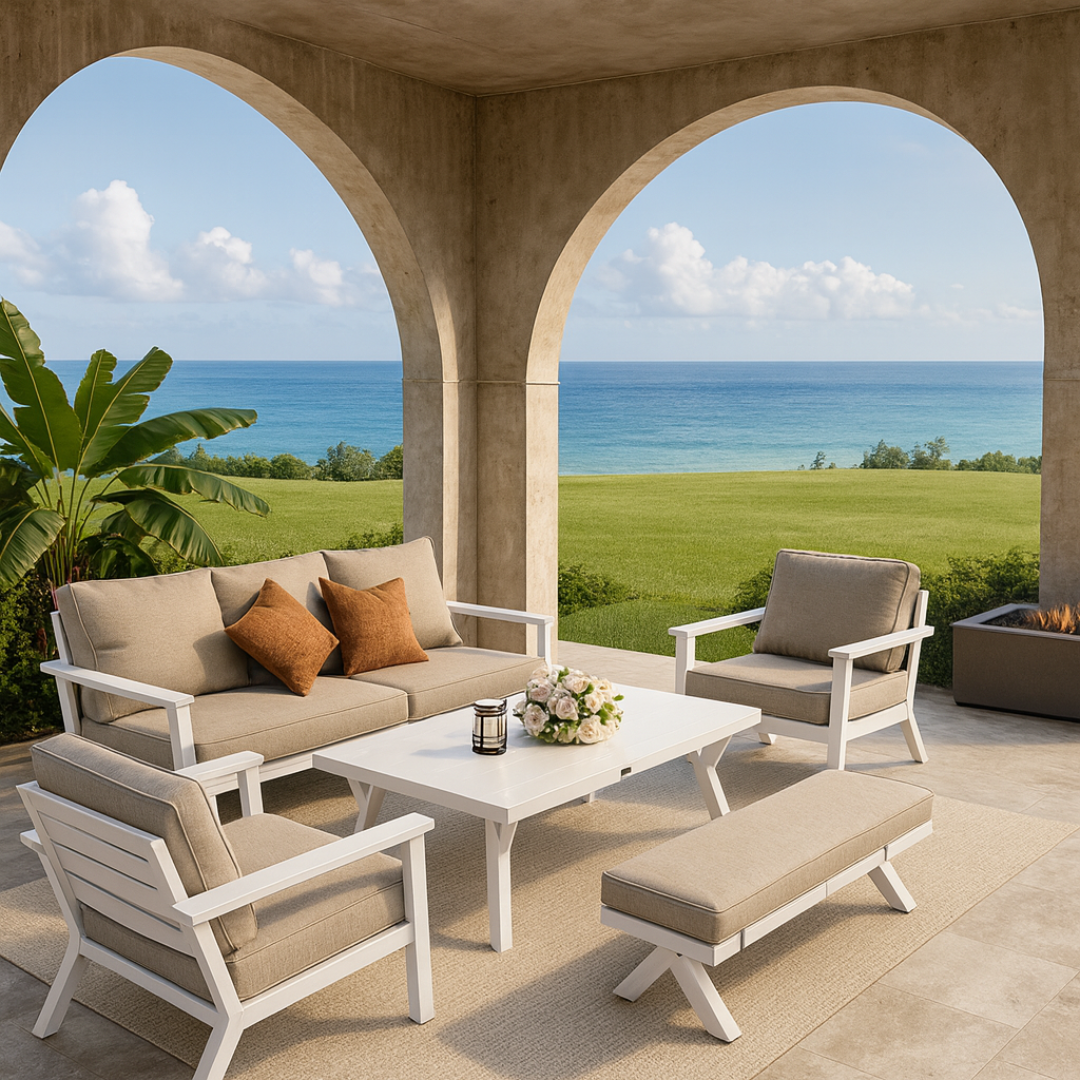 A complete 5-seater outdoor lounge in beige aluminum