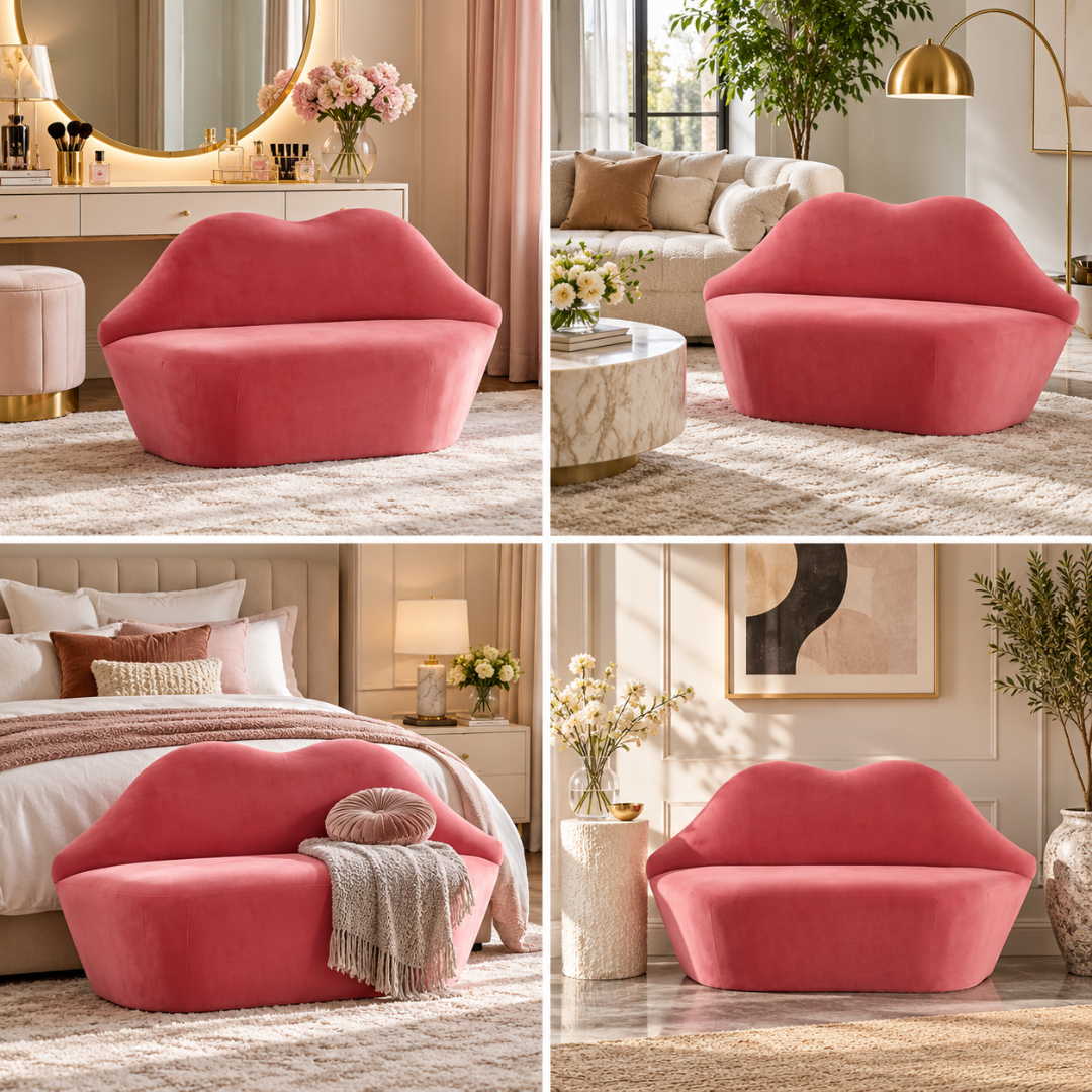 Wooden Twist pink lip shaped velvet bench – styled in dressing room, living room, bedroom and lounge