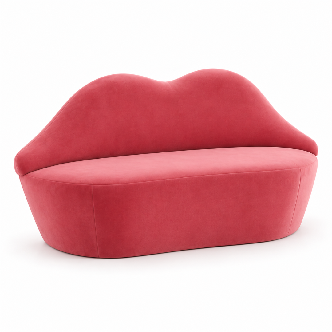 Wooden Twist pink velvet lip shaped sofa bench – front angle on white background
