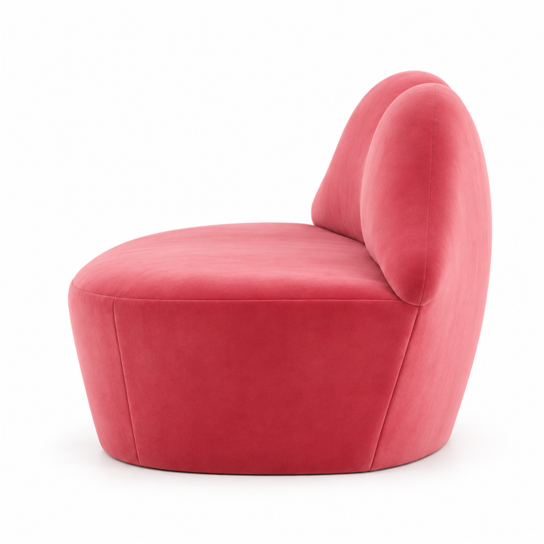 Wooden Twist pink velvet lip sofa – side profile view on white background
