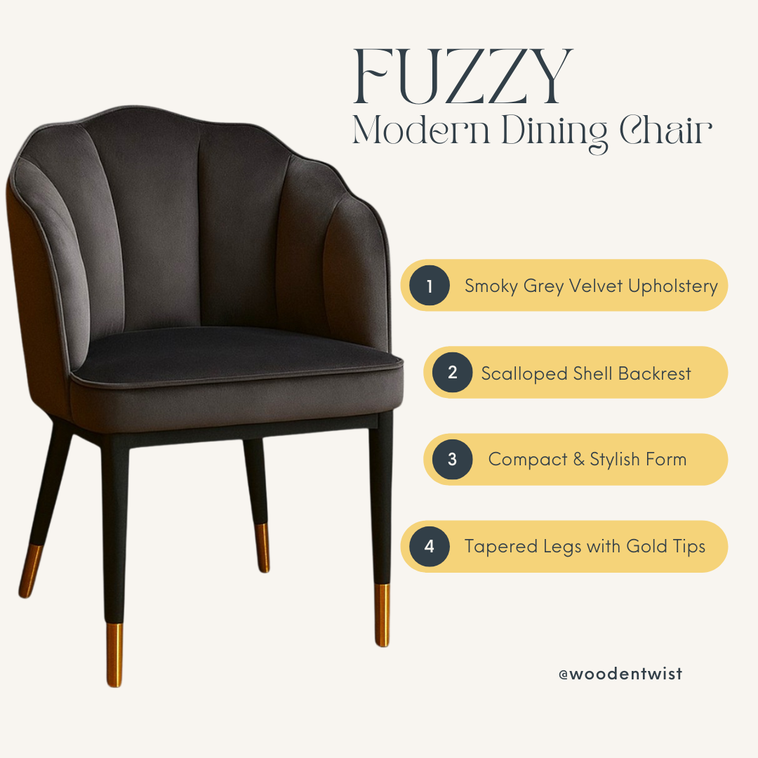 Wooden Twist Fuzzy Modern Cafe Dining Chair Metal Legs Grey