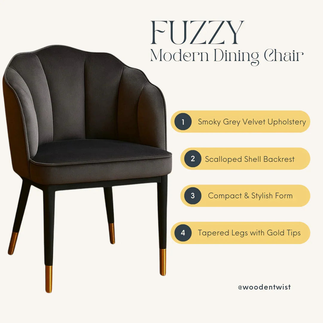 Wooden Twist Fuzzy Modern Cafe Dining Chair Metal Legs Grey
