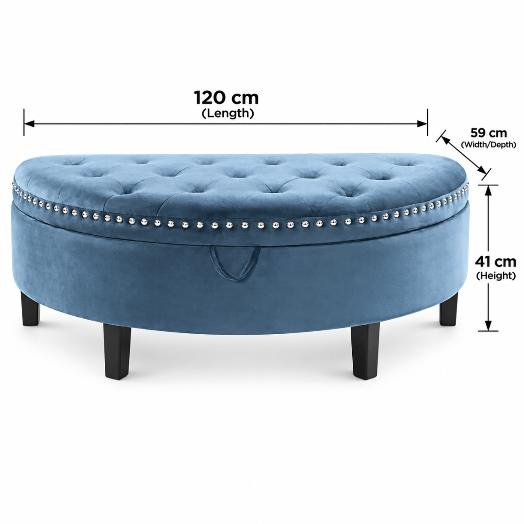 Wooden Twist Half Moon Leather Tufted Storage Bench Blue – dimensions 120 cm L x 59 cm D x 41 cm H