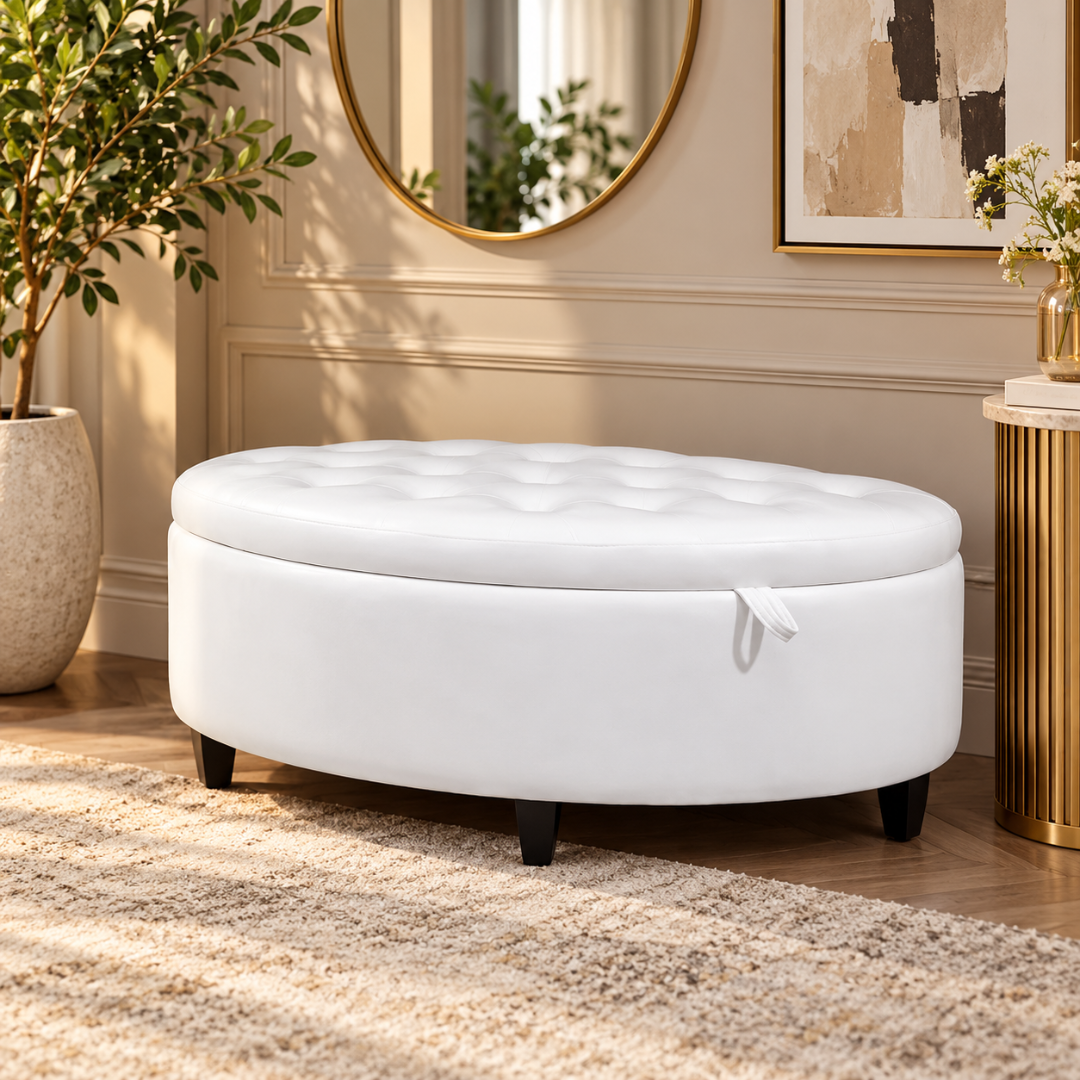 Wooden Twist Half Moon Leather Tufted Storage Bench White – in an entryway beside a round mirror and gold side table
