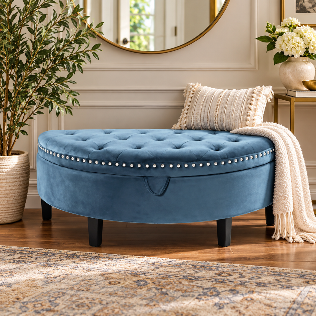 Wooden Twist Half Moon Leather Tufted Storage Bench Blue – with nailhead trim in an entryway with a throw