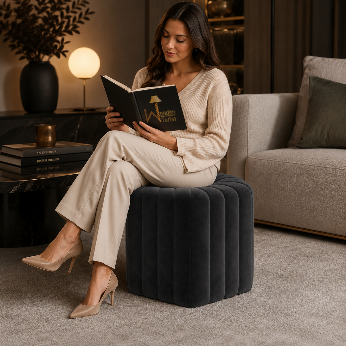 Wooden Twist Lucid Hexagonal Shape Solid Wood Pouf Ottoman Stool