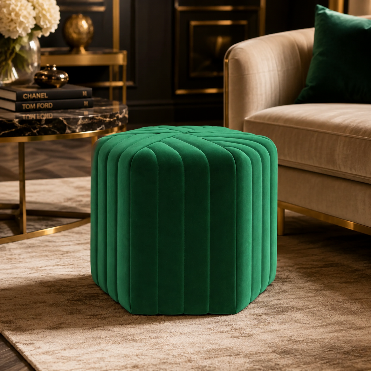 Wooden Twist Lucid Hexagonal Shape Solid Wood Pouf Ottoman Stool