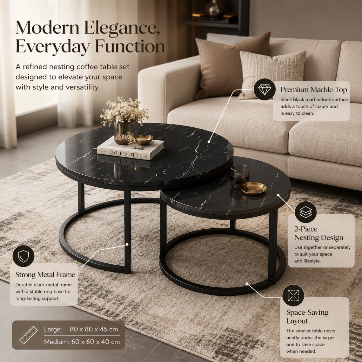 Wooden Twist Lumivyx Elegant Modern Stylish Marble Top Round Coffee Table with Durable Metal Base (Set of 2)