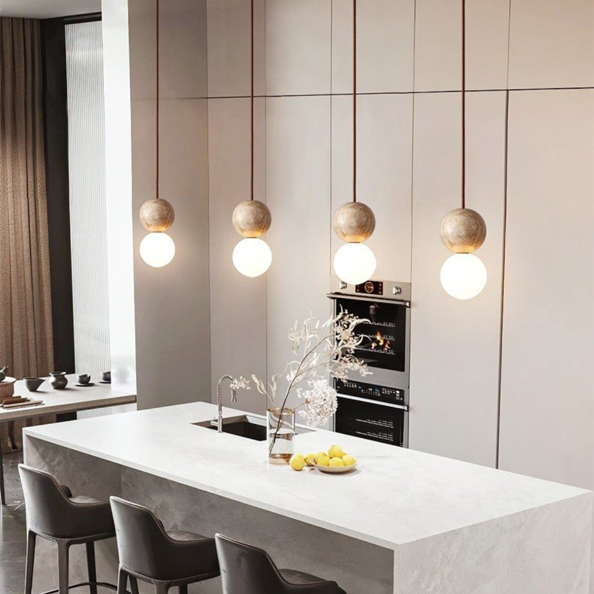 Mia Orb Pendant Light Natural - lifestyle four pendants above a kitchen island