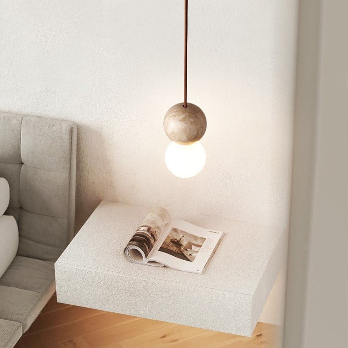 Mia Orb Pendant Light Natural - lifestyle single pendant above a floating nightstand