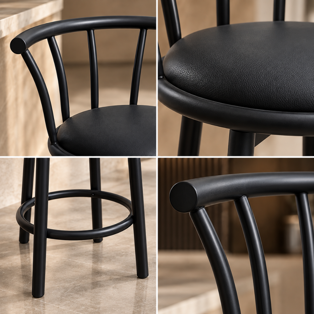 Wooden Twist Black Metal Swivel Bar Chair – close-ups of backrest, padded PU leather seat, footrest and frame