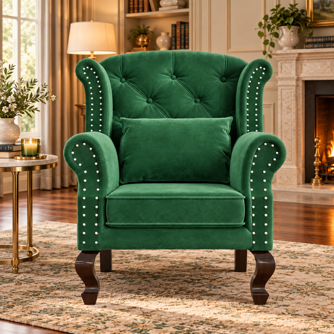 Wooden Twist Majestic Velvet Wingback Chair Dark Green – Living Room