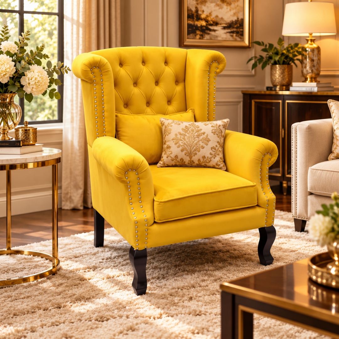 Wooden Twist Majestic Velvet Wingback Chair Yellow – Living Room