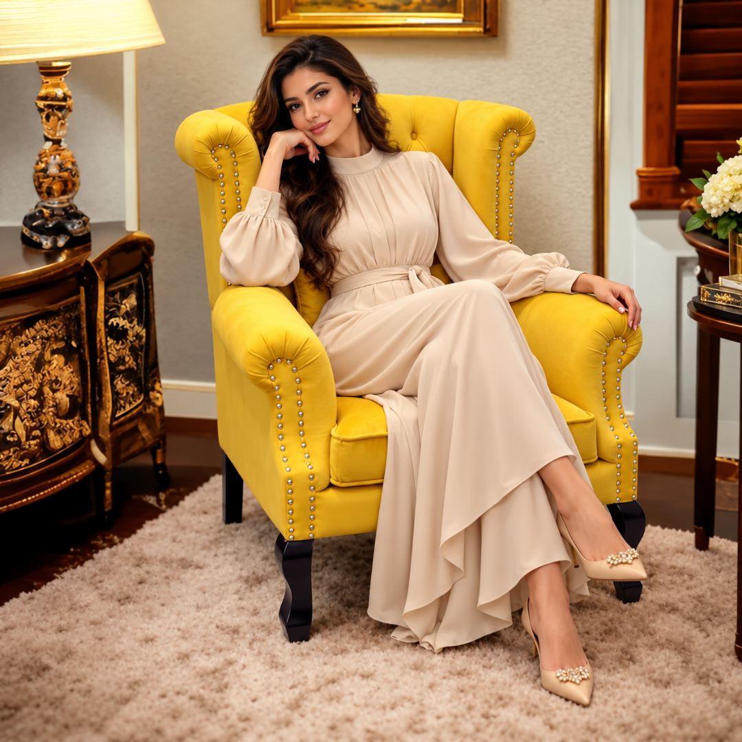 Wooden Twist Majestic Velvet Wingback Chair Yellow – Lifestyle with Model