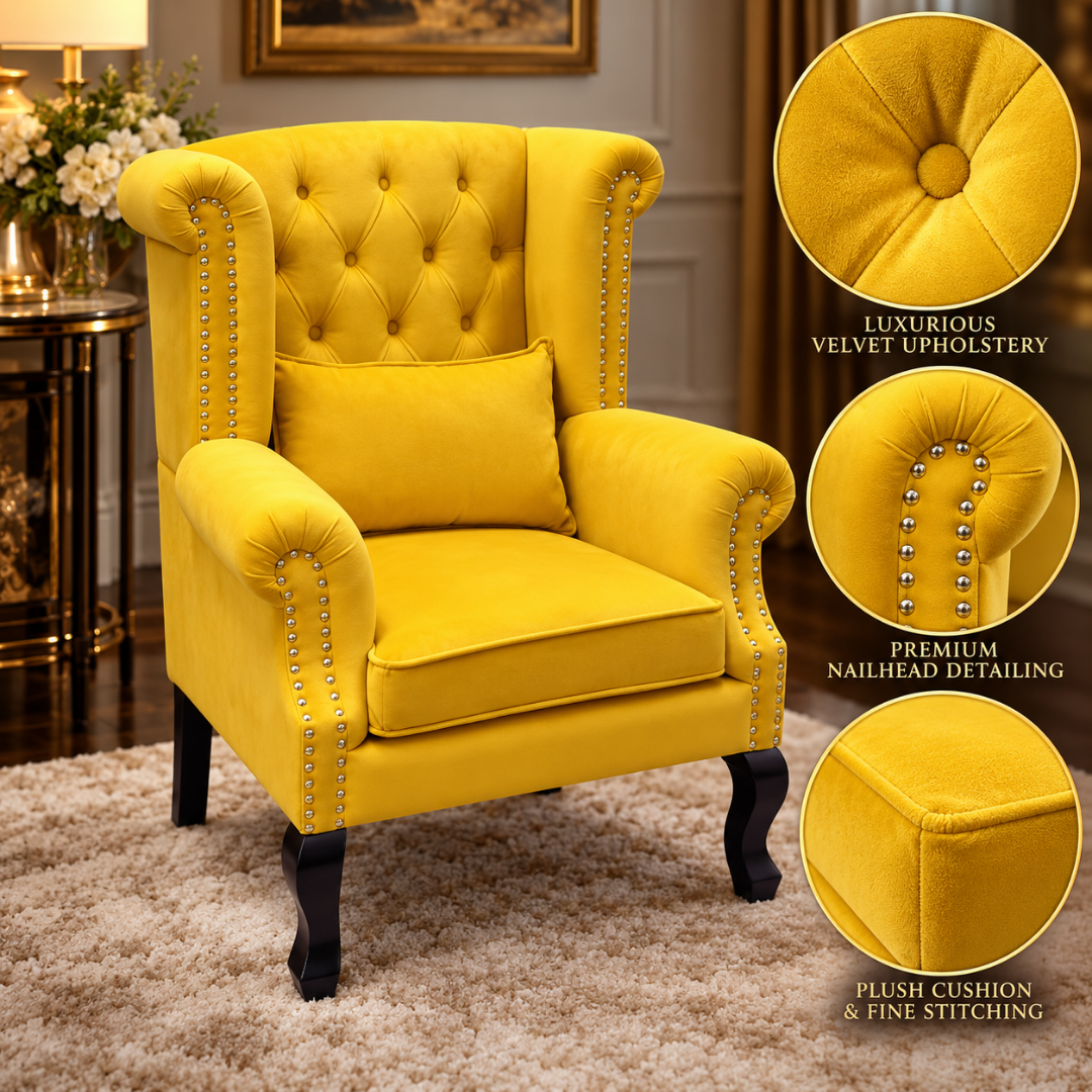Wooden Twist Majestic Velvet Wingback Chair Yellow – Velvet Detail