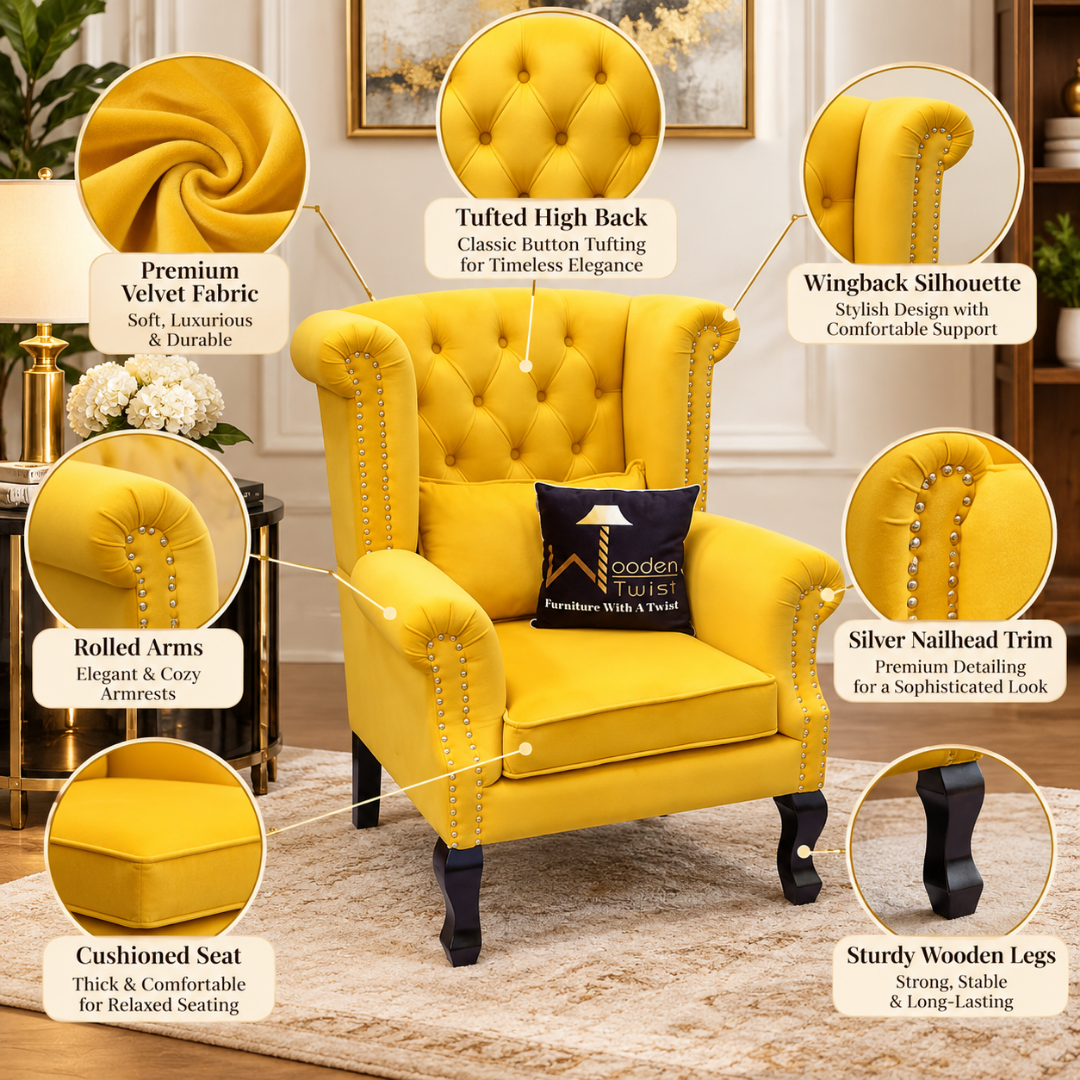 Wooden Twist Majestic Velvet Wingback Chair Yellow – Key Features