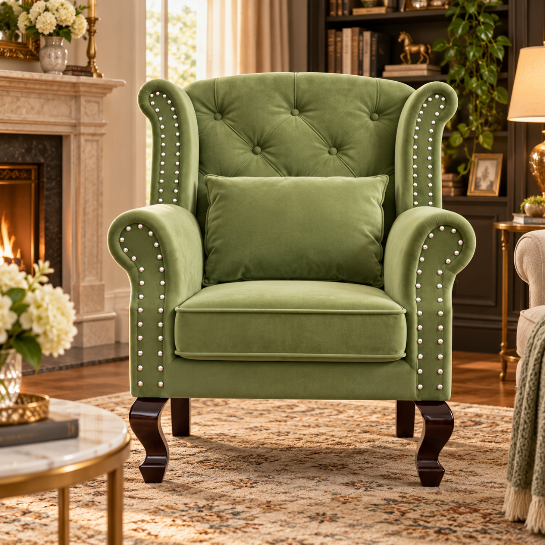 Wooden Twist Majestic Velvet Wingback Chair Green – Living Room