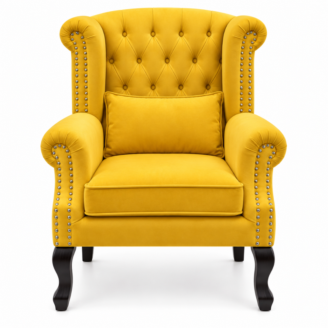 Wooden Twist Majestic Velvet Wingback Chair Yellow – Front View Close-Up