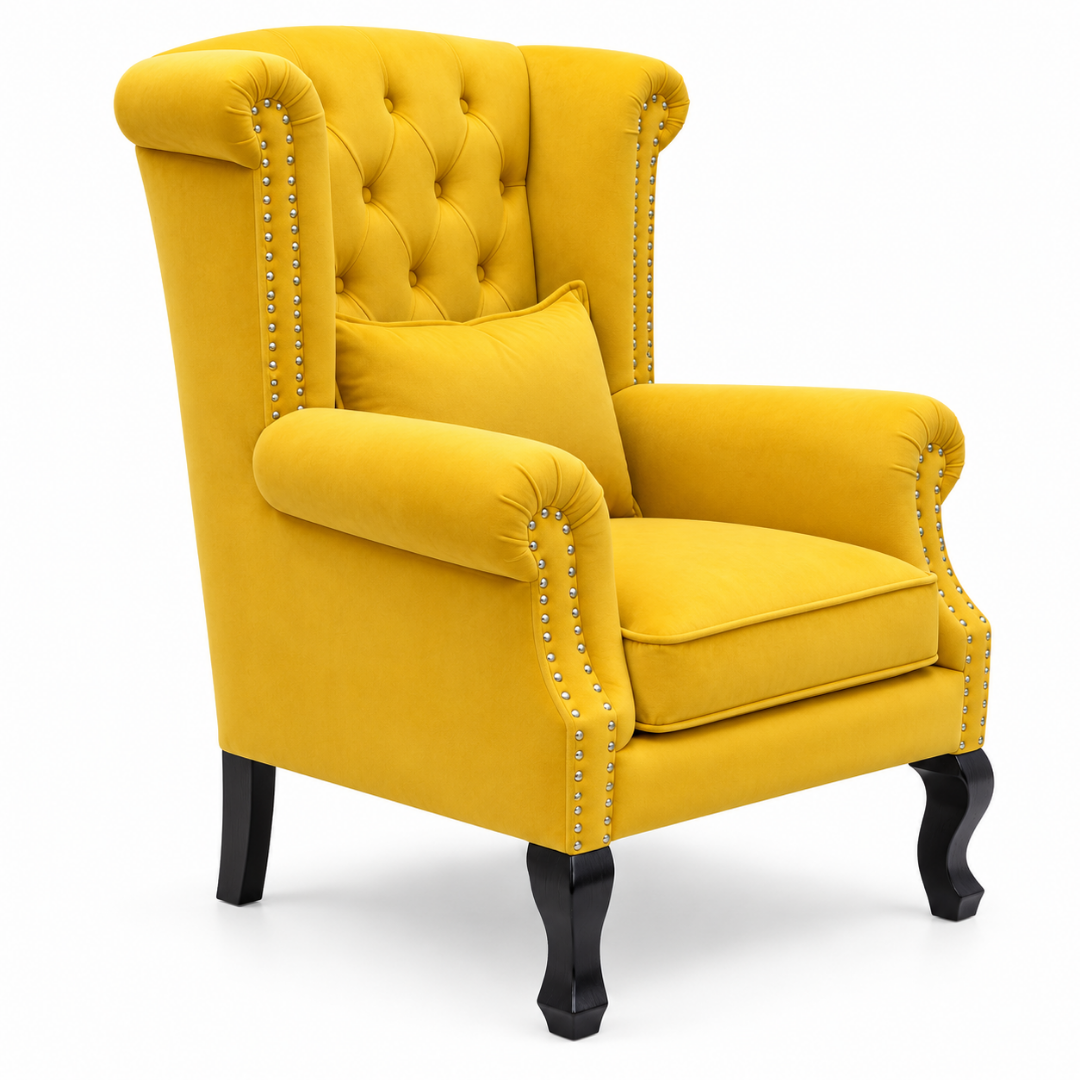 Wooden Twist Majestic Velvet Wingback Chair Yellow – Angle View