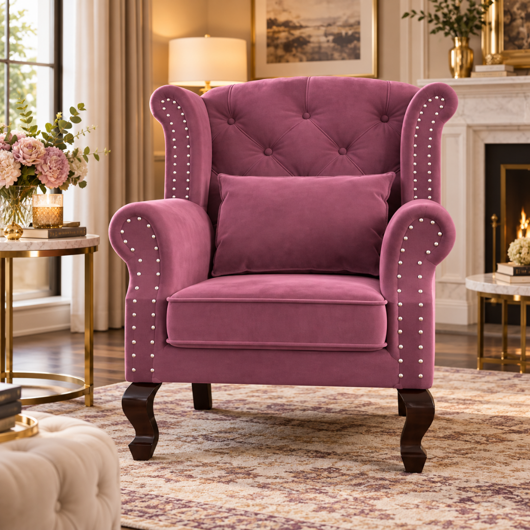 Wooden Twist Majestic Velvet Wingback Chair Dark Pink – Living Room