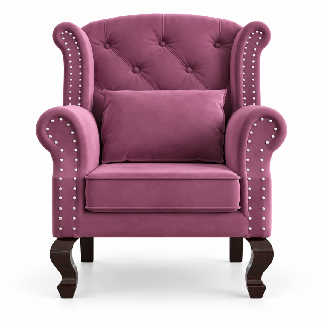 Wooden Twist Majestic Velvet Wingback Chair Dark Pink – Front View