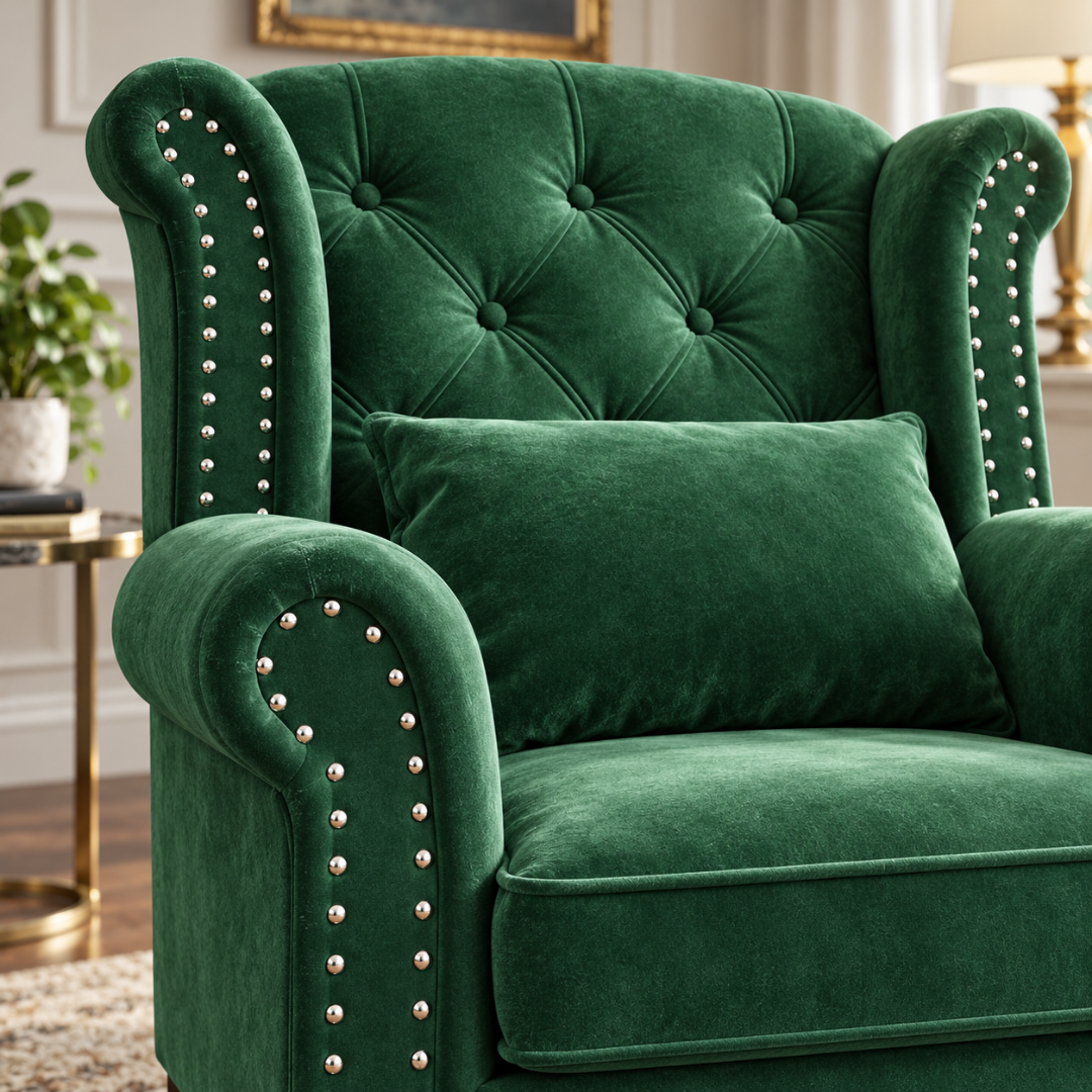 Wooden Twist Majestic Velvet Wingback Chair Dark Green – Velvet Close-Up