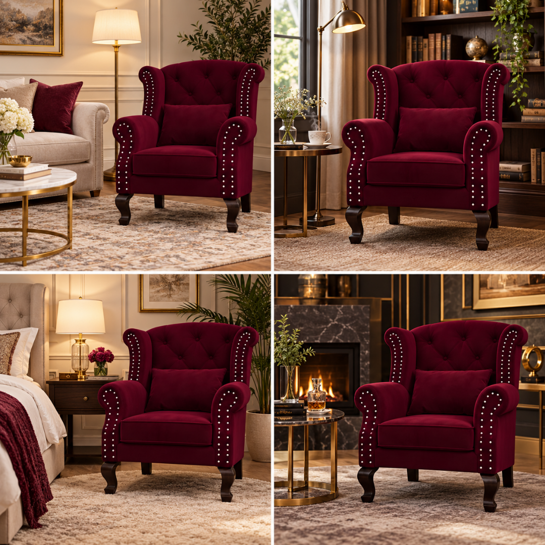 Wooden Twist Majestic Velvet Wingback Chair Maroon – Room Styling Ideas