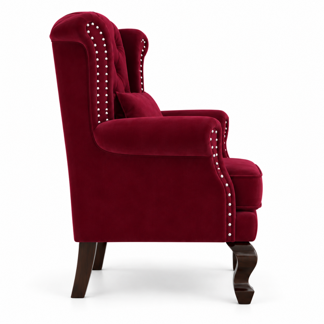 Wooden Twist Majestic Velvet Wingback Chair Maroon – Side View