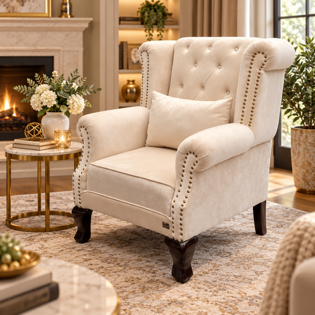 Wooden Twist Majestic Velvet Wingback Chair Beige – Living Room