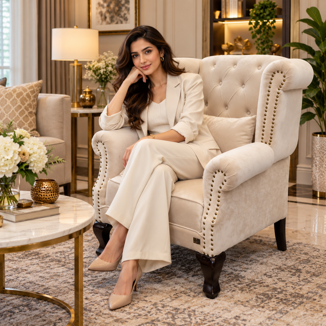 Wooden Twist Majestic Velvet Wingback Chair Beige – Lifestyle with Model