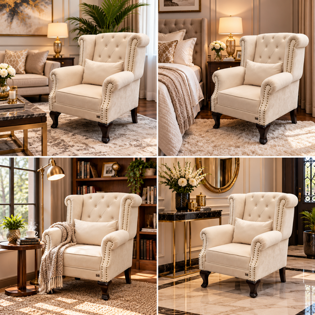 Wooden Twist Majestic Velvet Wingback Chair Beige – Room Styling Ideas