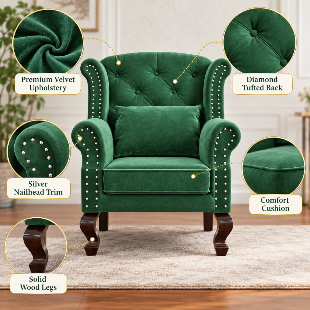 Wooden Twist Majestic Velvet Wingback Chair Dark Green – Key Features