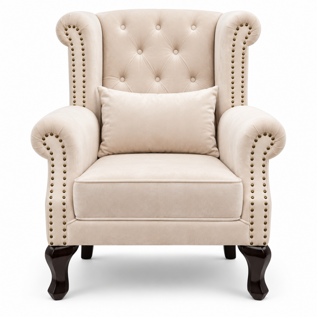 Wooden Twist Majestic Velvet Wingback Chair Beige – Front View