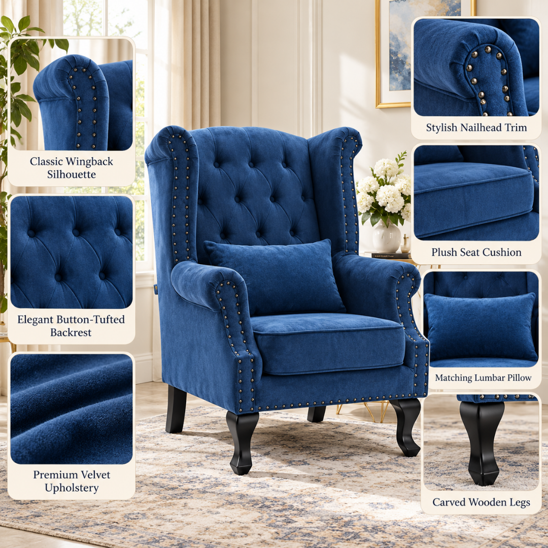 Wooden Twist Majestic Velvet Wingback Chair Blue – Key Features
