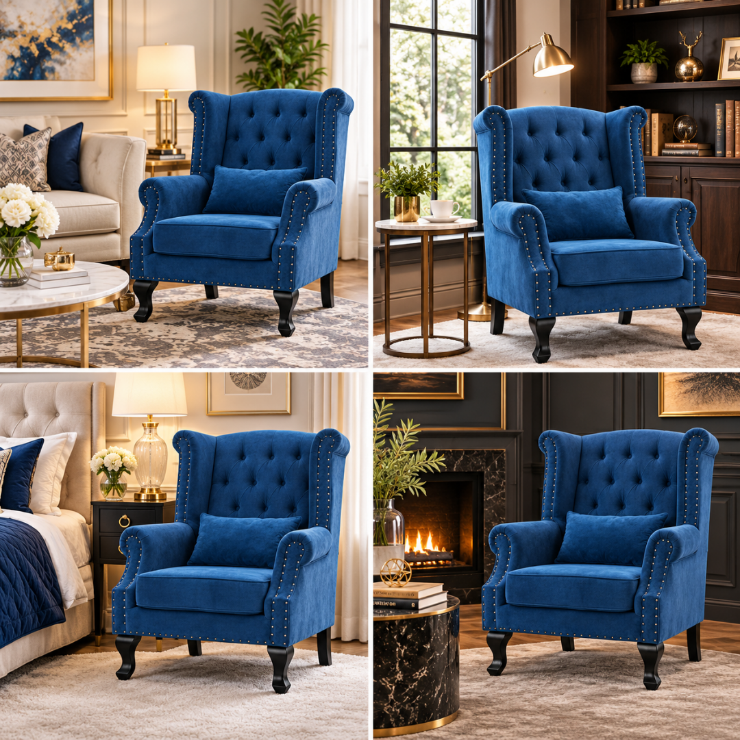 Wooden Twist Majestic Velvet Wingback Chair Blue – Room Styling Ideas